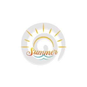 Summer vacation logo. Sun with sea wave, lettering of summer, cartoon silhouette style. Vector illustration.