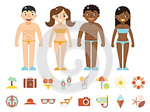 Summer vacation male female characters color beach resort accessorize vector symbols icon flat design template