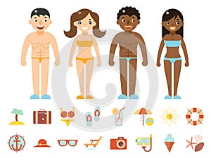 Summer vacation male female characters color beach resort accessorize vector symbols icon flat design template photo