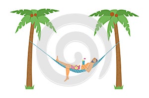 Summer vacation with man in hammock under palms, vector illustration isolated.