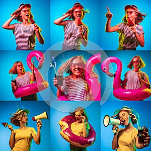 Summer vacation mood. Collage of Caucasian woman& x27;s portraits isolated over blue studio background in neon light. Collage