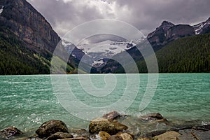 Lake Louise, Banff National Park, Alberta, Canada. Rocky Mountain. landscape panorama - forest, scenic blue lake.