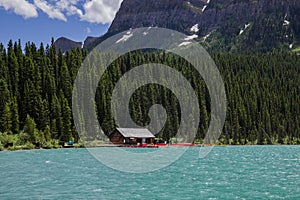 Summer vacation - panorama of Lake Louise, Banff National Park. Rocky Mountain. canoeing, kayaking log cabin.