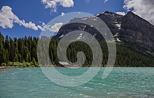 Summer vacation - panorama of Lake Louise, Banff National Park. Rocky Mountain. canoeing, kayaking log cabin.