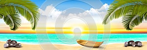 Summer vacation panorama. Tropical beach with a coco palm tree, blue ocean with a boat and sunset sky with clouds.