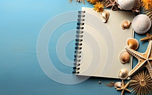 Summer vacation planning concept with straw hat, starfish, seashells, and blank notebook on blue textured background, space for