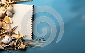 Summer vacation planning concept with straw hat, starfish, seashells, and blank notebook on blue textured background, space for