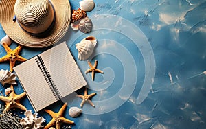 Summer vacation planning concept with straw hat, starfish, seashells, and blank notebook on blue textured background, space for