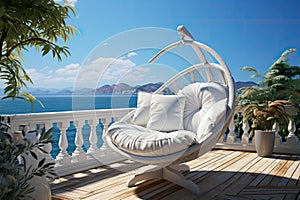 Summer vacation at poolside. Veranda decorated with deck chairs and umbrella with an ocean view