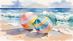 Summer vacation recreation beach colorful ball illustration, AI generated