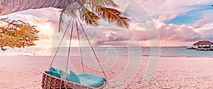 Summer vacation relaxation dream fantasy beach, palm swing close to sea. Exotic beachfront, shore. Tropical travel