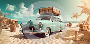 trip road car retro tropical vintage summer travel vacation beach. Generative AI.