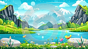 Summer vacation scene, game background. Modern illustration of beautiful rocky range, green grass, flowers on bank, calm