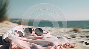 summer vacation scene on sunny sand beach with towel and sunglasses, neural network generated art