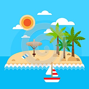Summer vacation on sea background. Tropical island with palm trees, waves, sun, straw umbrellas, towel, sail ship