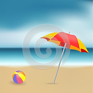 Summer vacation seascape. Beach scene with a beach umbrella and a ball.