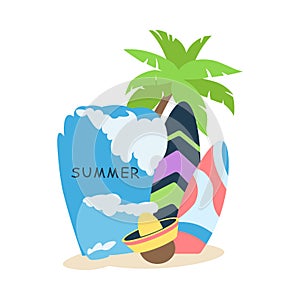 Summer Vacation with Seaside and Beach Scene with Surfboard Vector Illustration
