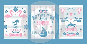 Summer vacation, set of typographic banners, vector illustration. Summertime sale, promotion campaign flyer template