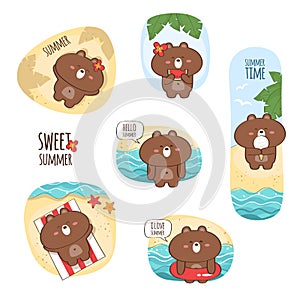 Summer vacation sticker set with cute bear character