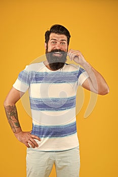 Summer vacation. Summer style. Cheerful sailor. Join my wave. Man bearded hipster with mustache and long beard on yellow