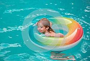 Summer vacation. Summertime childs weekend. Boy in swiming pool with inflatable rubber circle.