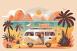 Summer vacation surf bus flat vector illustration. Tropical beach retro surfing vintage greeting card