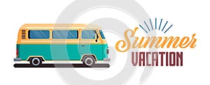 Summer vacation surf bus retro surfing vintage greeting card horizontal banner with lettering template poster flat