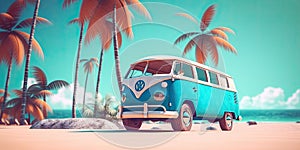 Summer vacation surf bus sunset tropical beach retro surfing vintage horizontal 3D illus