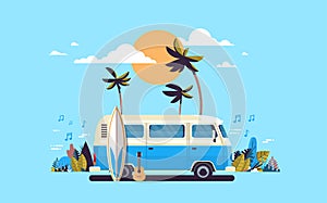 Summer vacation surf bus sunset tropical beach retro surfing vintage melody greeting card horizontal template poster