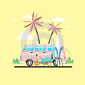 Summer vacation surf bus sunset tropical beach. travel and people concept in minivan car on beach.template poster flat vector