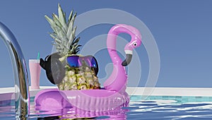 Summer Vacation and Swimming Pool Relaxation Lifestyles Concept, Pineapple With Sunglasses in Poolside at The Beach