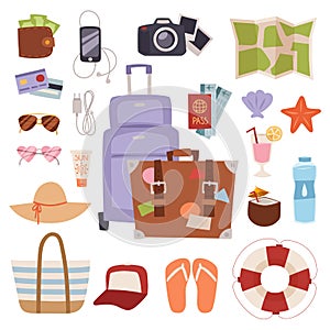 Summer vacation symbols beach travel holiday tourism set flat vector illustration.