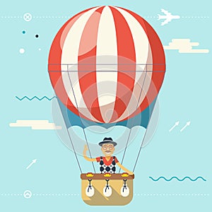 Summer Vacation Tourism and Journey Travel Lifestyle Concept Planning Symbol Happy Man Geek Hipster Flying Sky Dirigible