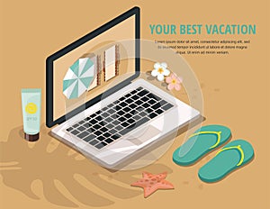 Summer Vacation and Tourism. Laptop, sun block and flip-flops on sandy beach. 3d Isometric