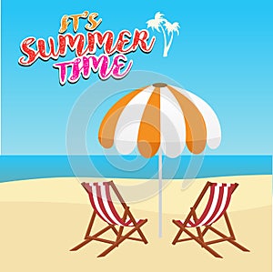 Summer vacation, tourism, travel, holidays and people concept, deck chair and umbrella on beach