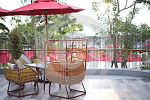 Summer Vacation and travel concept, Beach chairs and umbrella