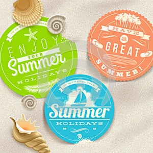 Summer vacation and travel labels and sea shells