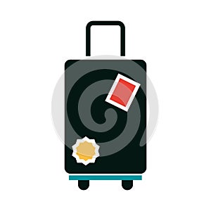 Summer vacation travel, modern suitcase with handle and wheels, flat icon style