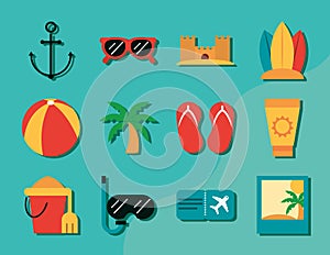 Summer vacation travel recreation adventure collection icons flat style