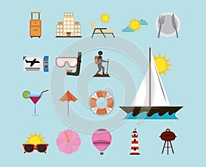 Summer vacation travel, recreation adventure relaxing flat icons style