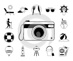Summer vacation travel, recreation adventure relaxing line icons style