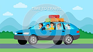 Summer vacation travel time concept. Happy family trip by car. Flat style. Vector illustration