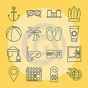 Summer vacation travel, tourism recreation set icons included ball palm snorkel fruit and ticket, linear style