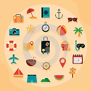 Summer vacation travel tourism set flat icons style