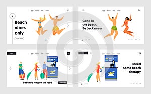Summer Vacation , Traveling Website Landing Page Set,Happy People in Swimming Suits Jumping with Hands Up