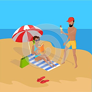 Summer Vacation on Tropical Beach Illustration