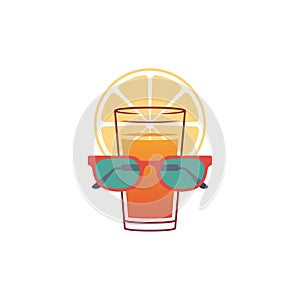 Summer vacation tropical orange juice glass sunglasses 80s vintage logo t shirt print vector flat