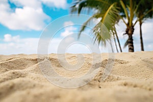 Summer vacation: a tropical scene with palm trees and sand, copy space