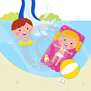 Summer vacation: two children swimming in the pool photo