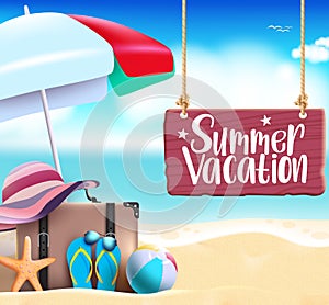 Summer vacation vector banner design. Summer vacation text in hanging wood texture with umbrella, luggage, beach ball and hat